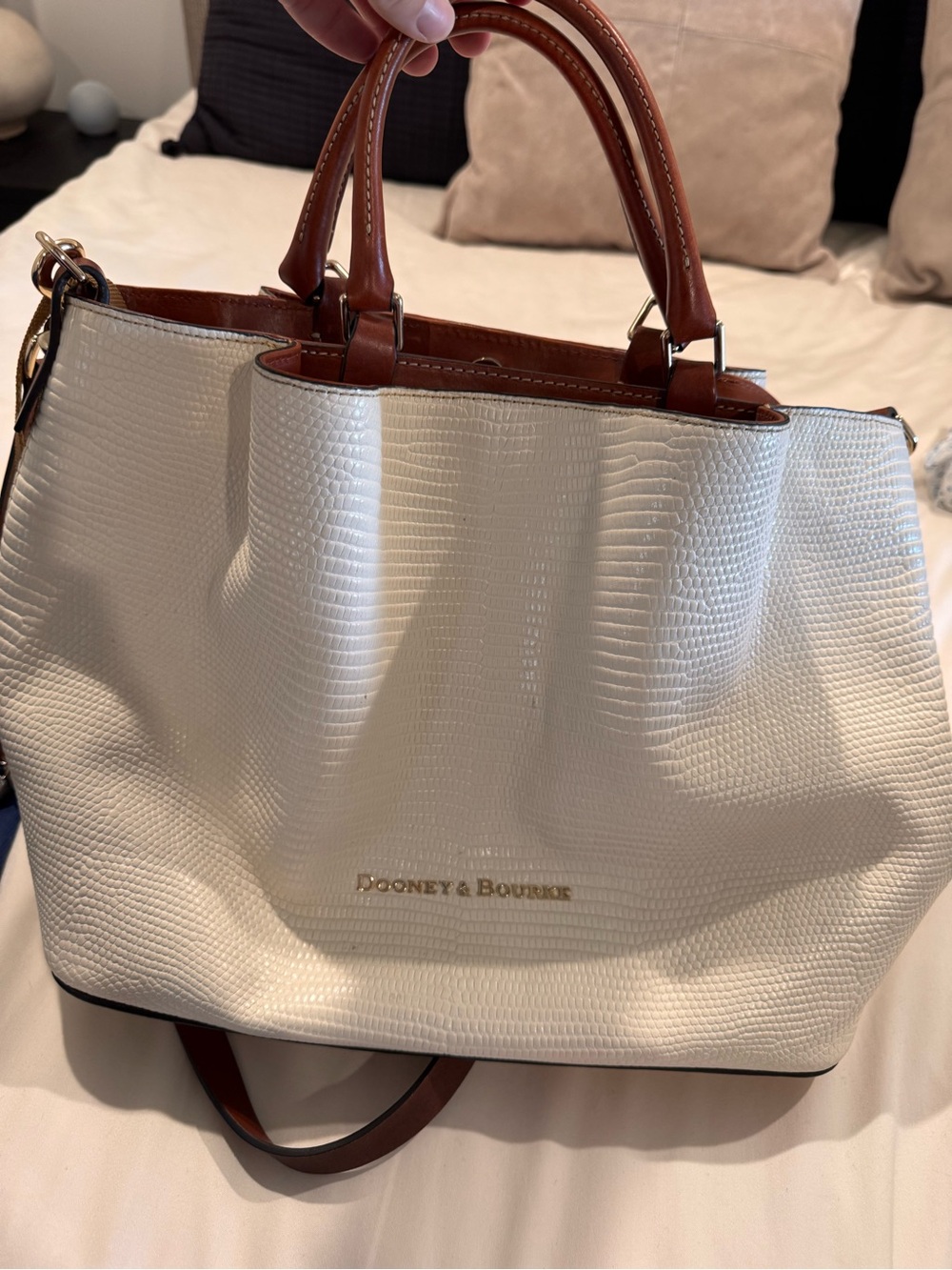 Dooney & Bourke Cream Pebbled Tote with Brown Trim